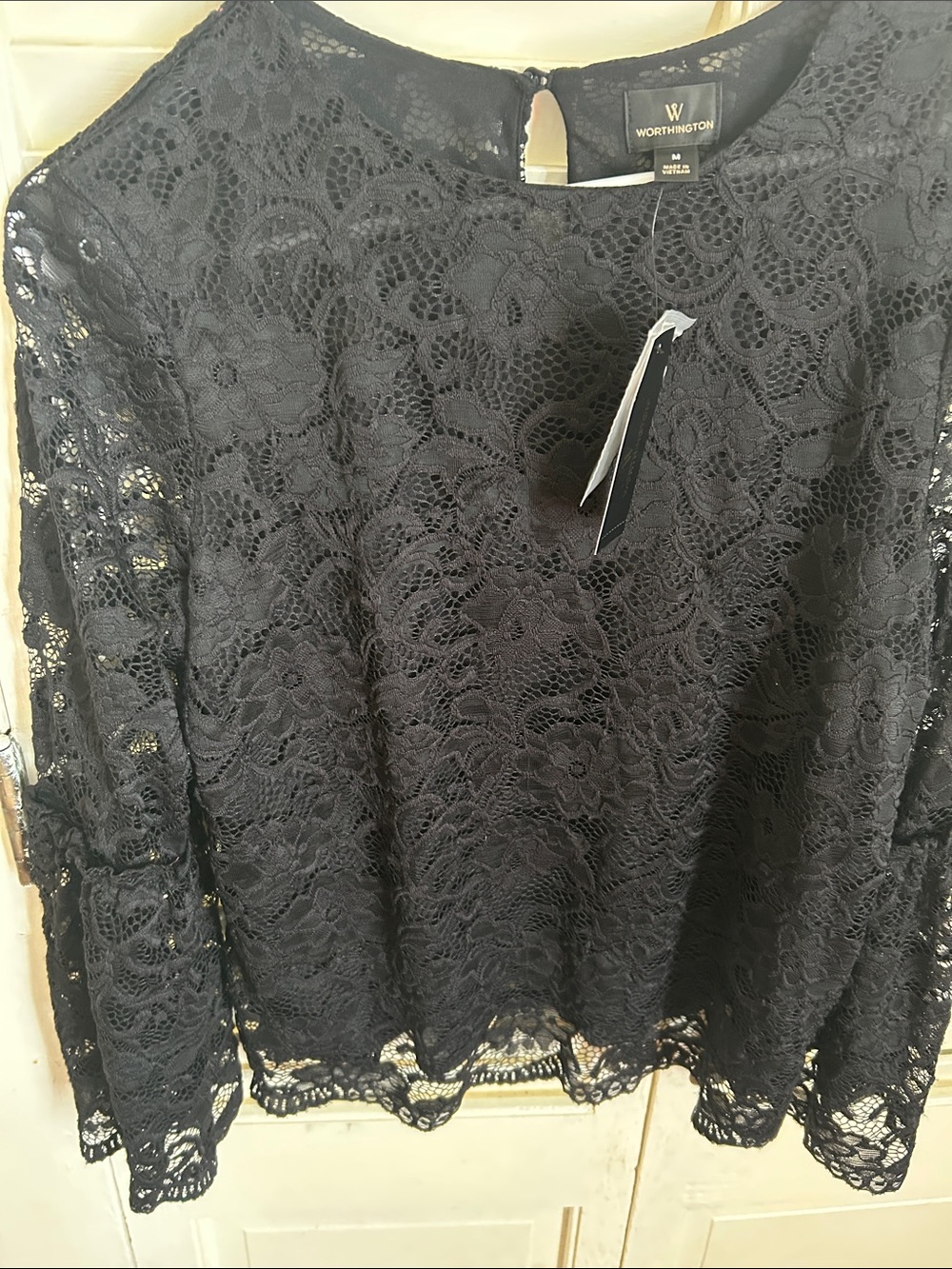 Worthington Black Floral Lace Long-Sleeve Blouse